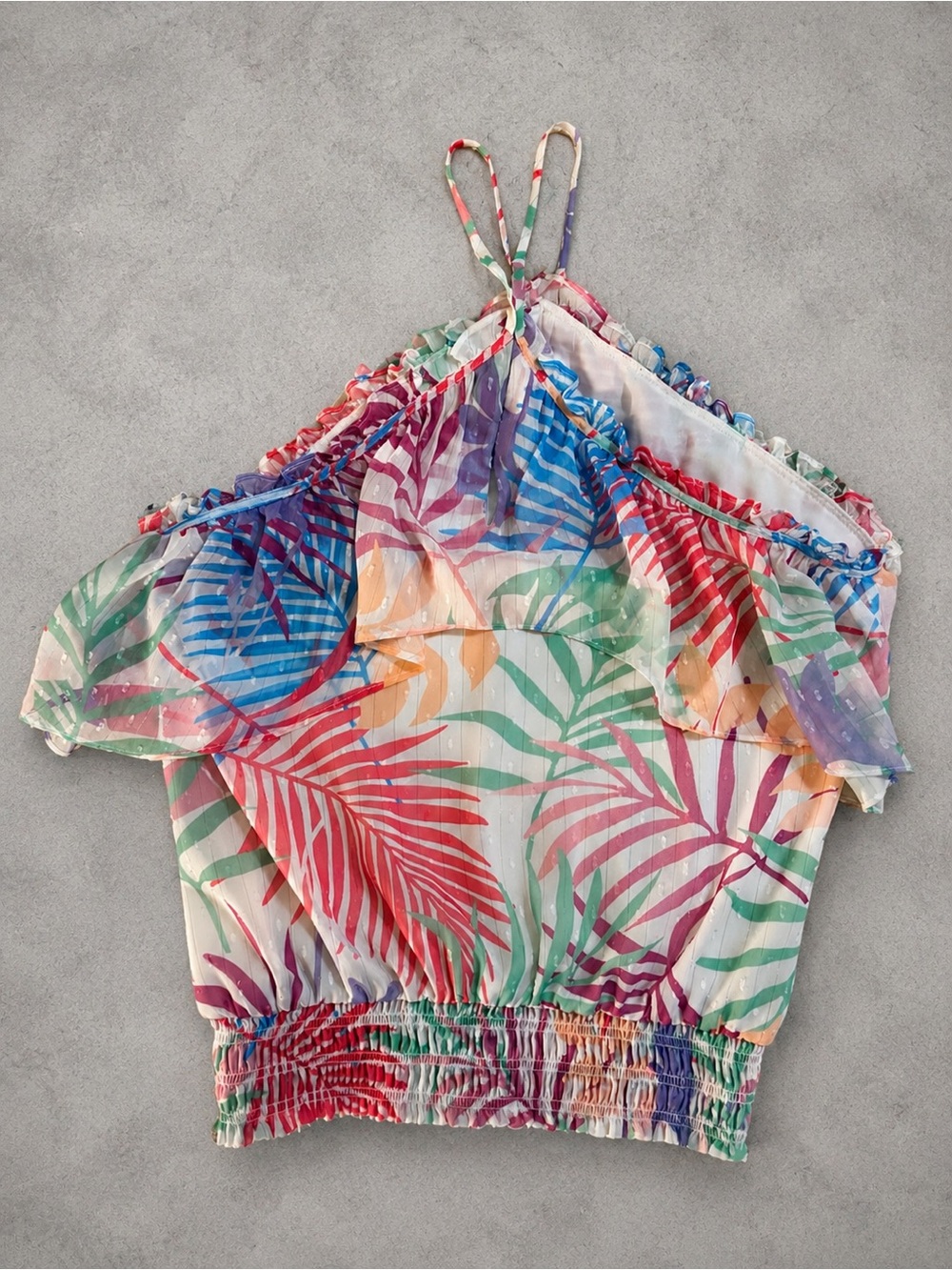 Ramy Brook Womens Large Tropical Palm Print Ruffle Halter Top Smocked Resort